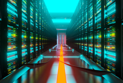Data center with server racks in a corridor room